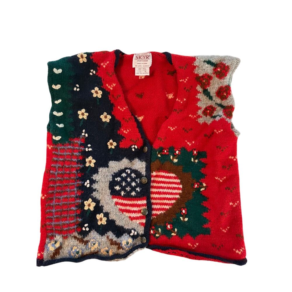 Hand knit wool sweater vest sz M chunky loom embroidered patchwork americana